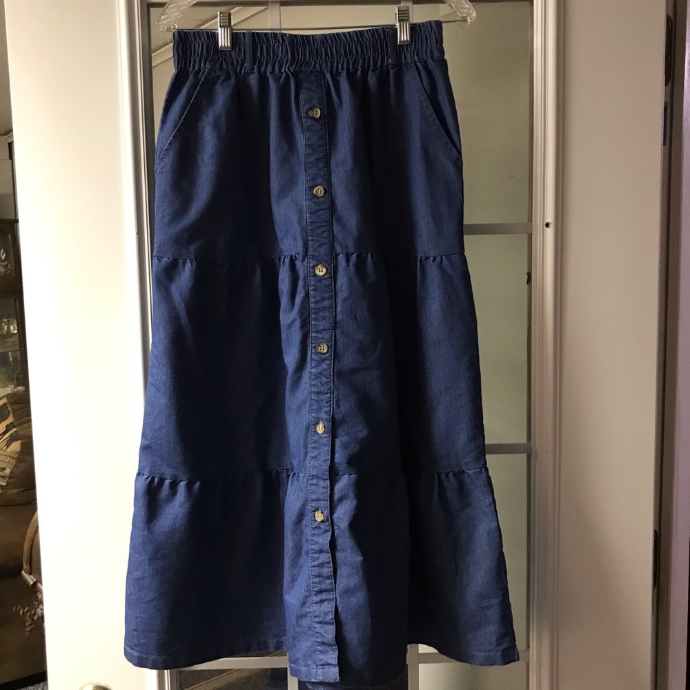BUNULU Blue Denim Tiered Maxi Skirt‎ with Button Accents